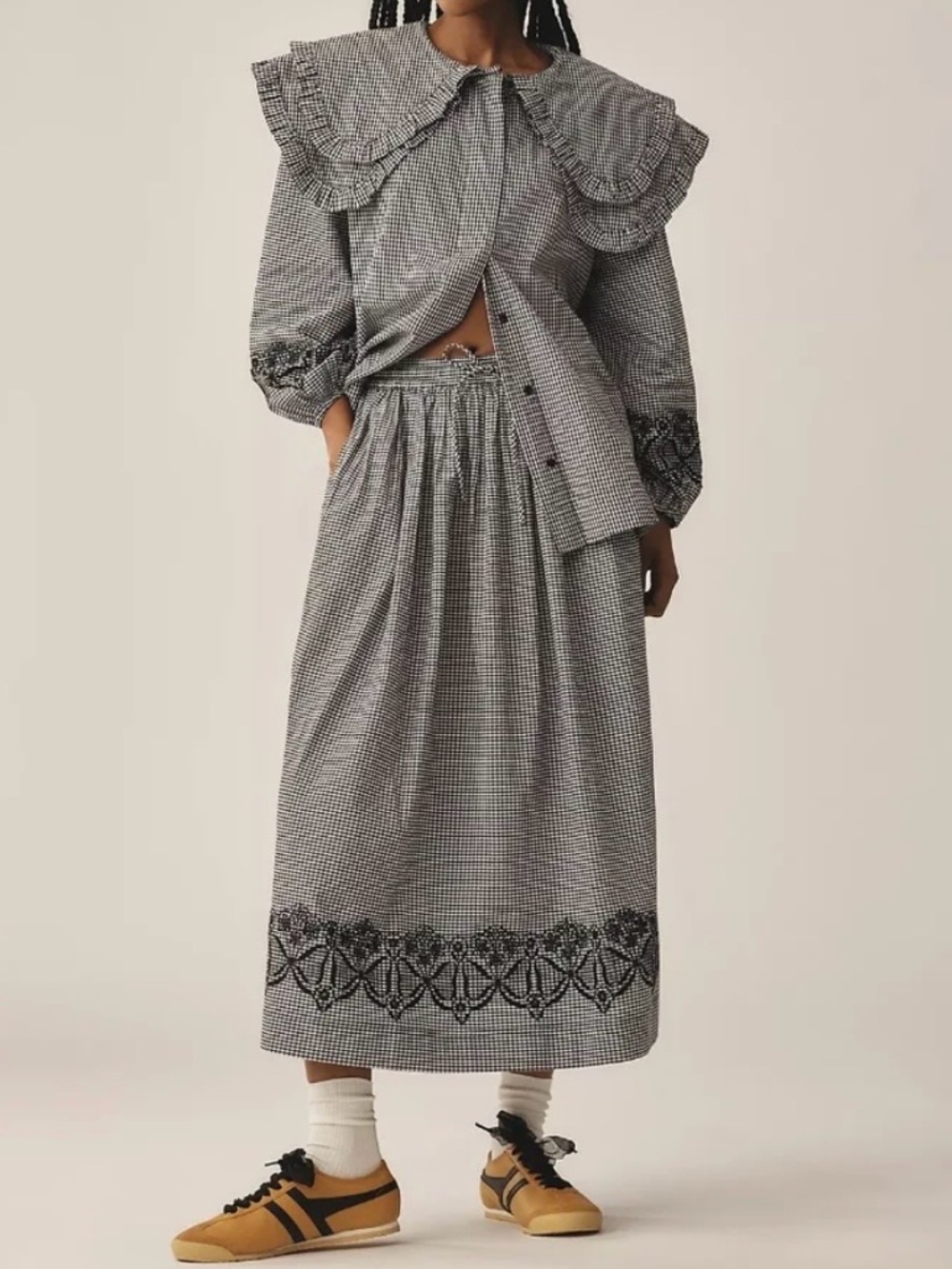 DAMSON MADDER Checked A-Line Midi Skirt with Embroidered Hem